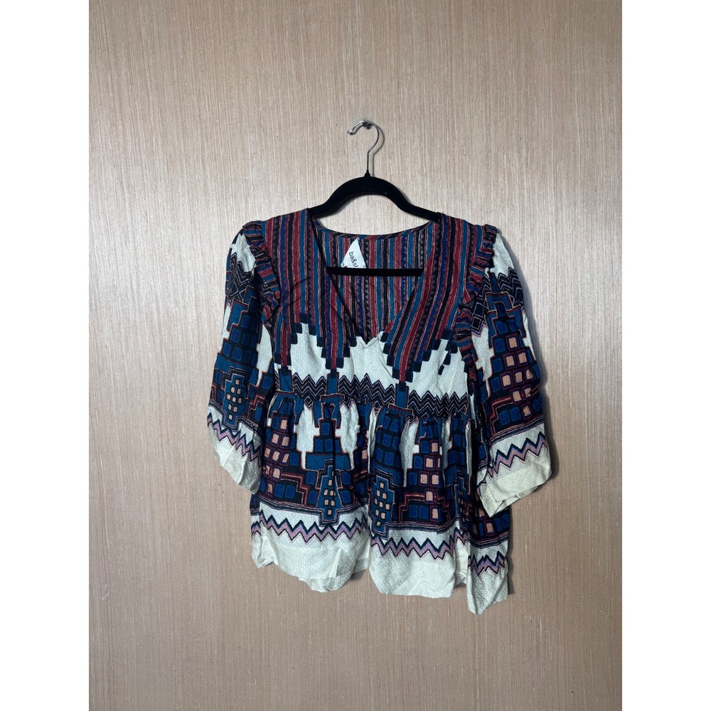 ba&sh Lady Top Blue Red Geometric Print V-Neck Boho Viscose Blouse Size 3 L